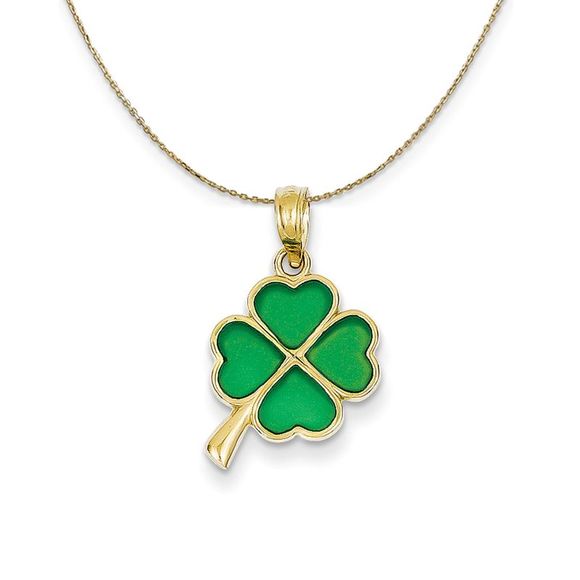 14k Yellow Gold & Clear Acrylic Four Leaf Clover Necklace - 18 Inch